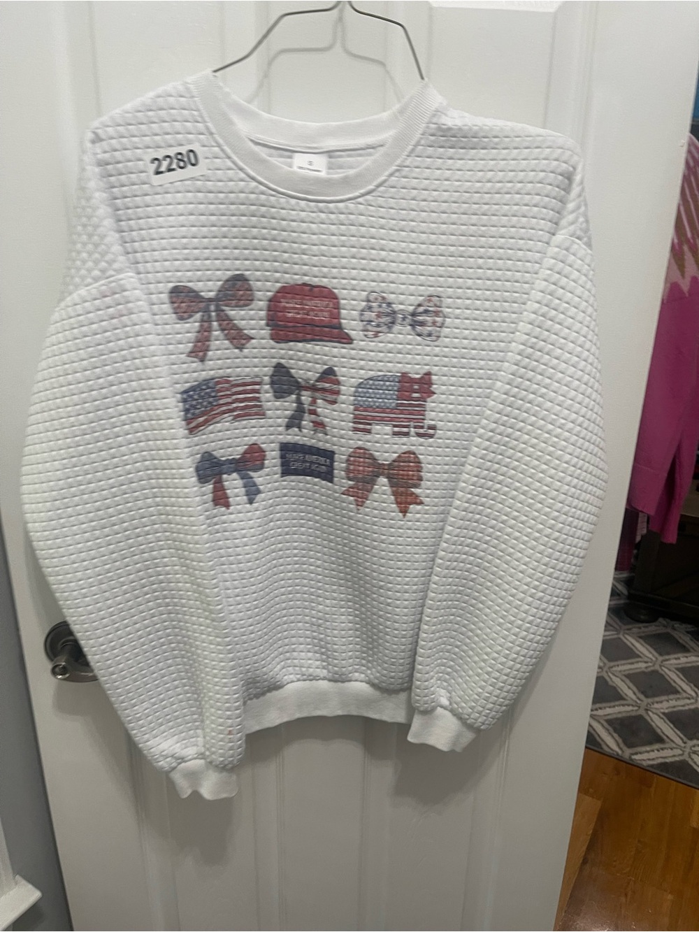 White Quilted Crewneck Sweater with Patriotic Icon Motif